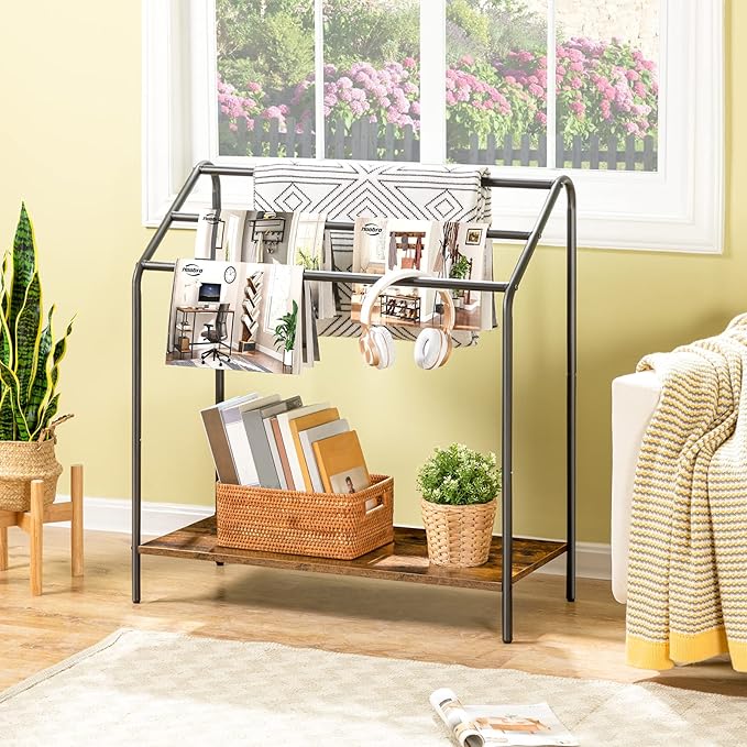HOOBRO Freestanding Towel-Rack for Bathroom, 3 Tier Blanket Rack for Living Room, 31.5" L x 14.2" W x 33.9" H, Quilt Blanket Ladder Holder, Drying and Display Rack, Rustic Brown and Black BF80LB01