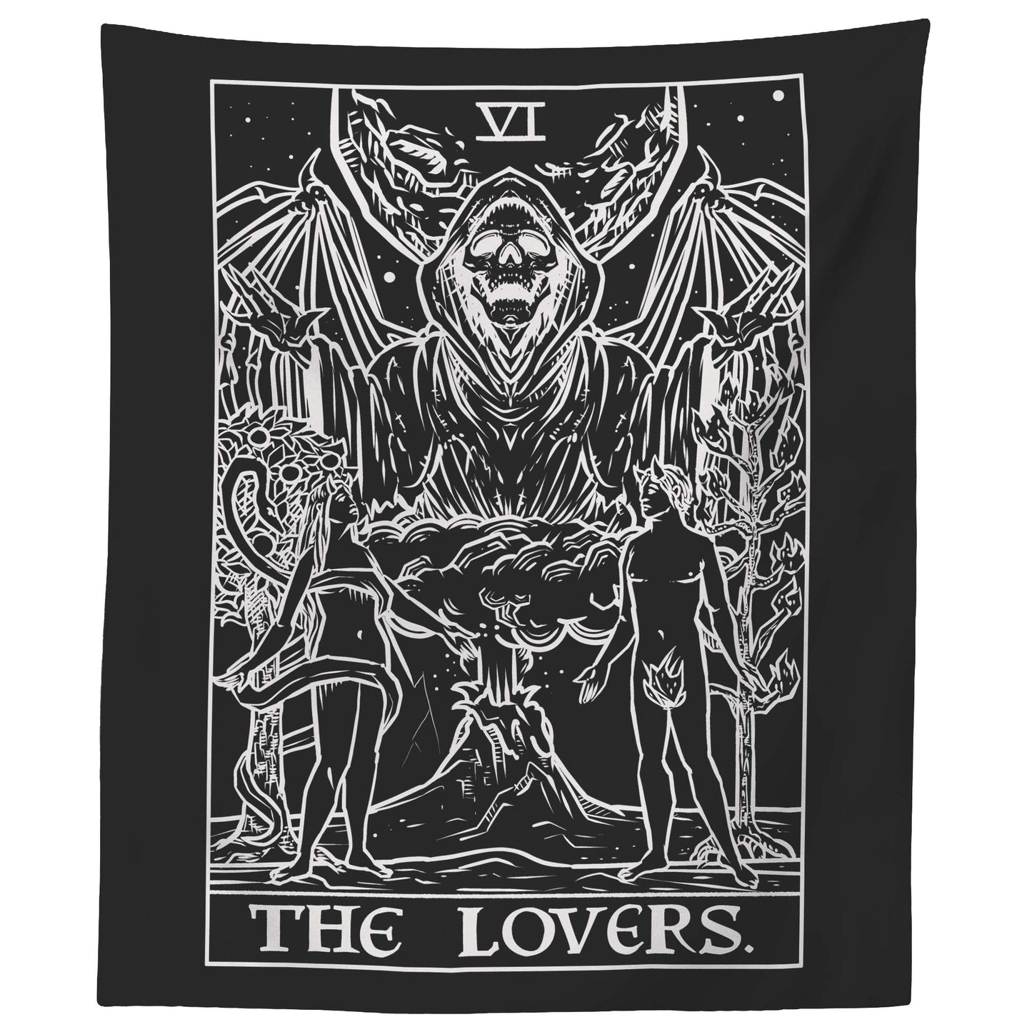 The Lovers Tarot Card Tapestry (Black & White) - Grim Reaper - Gothic Couple Halloween Home Decor Wall Hanging (60" x 50")