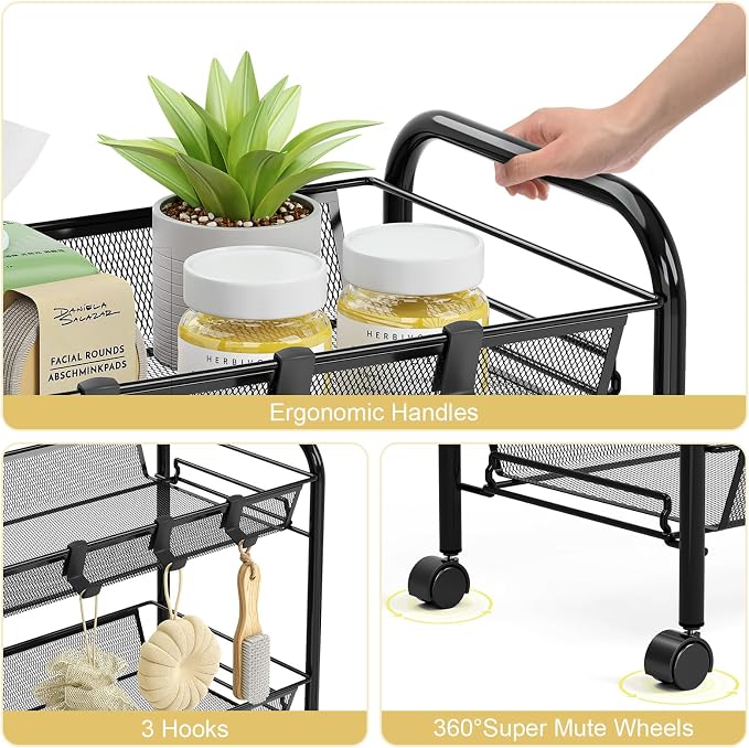 TOOLF 3-Tier Metal Rolling Cart, Mesh Wire Easy Assemble Utility Cart, Storage Trolley on Wheels with 3 Hooks, MetalStorage Shelving Units for Kitchen Bathroom Laundry Room