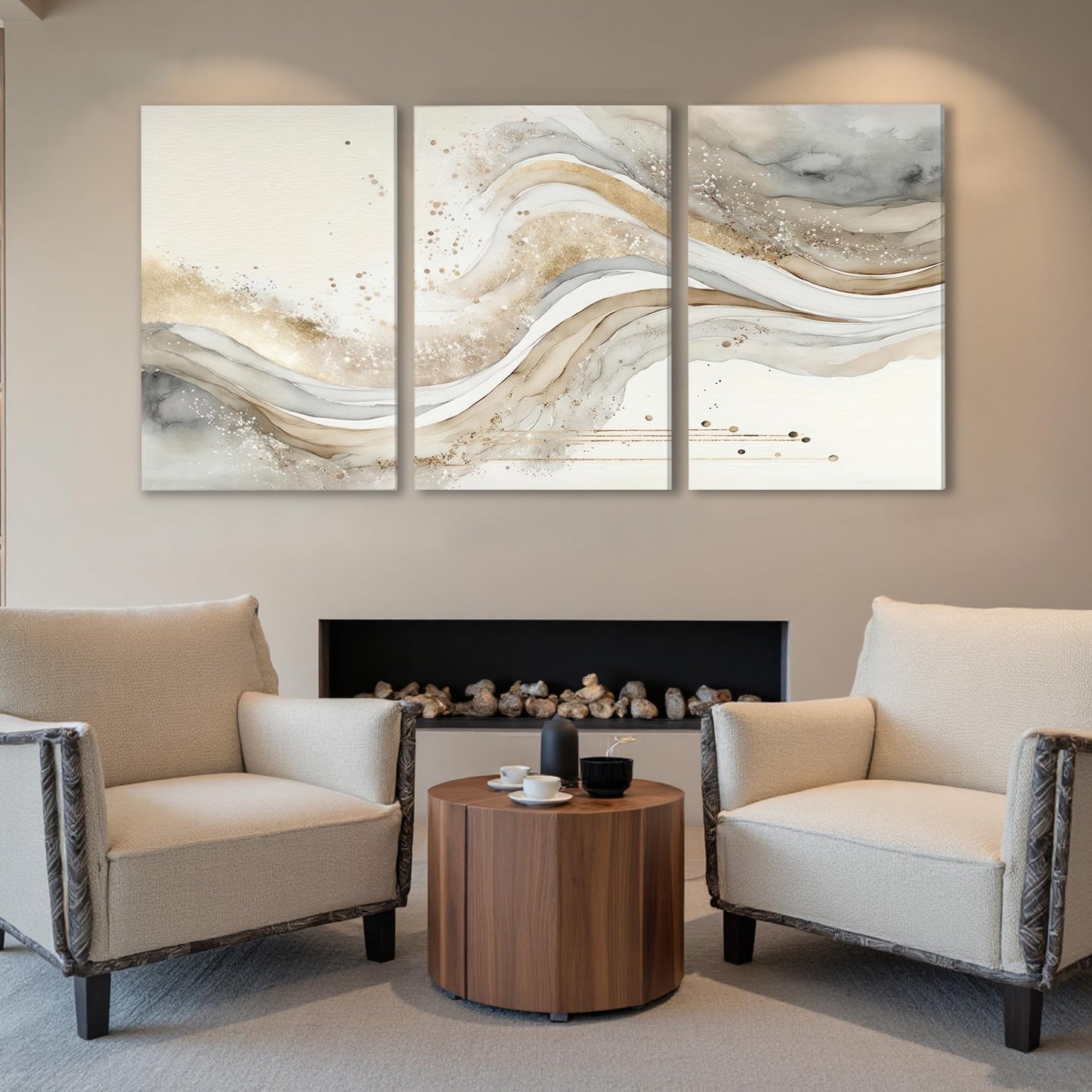 AVECCO 3 Pieces Gold Wave Abstract Wall Art, Modern Pictures Canvas Stylish Wall Decor,Minimalist Gold Art Prints for Bedroom Living Room Office Home Decoration Ready to Hang 20x30 Inch