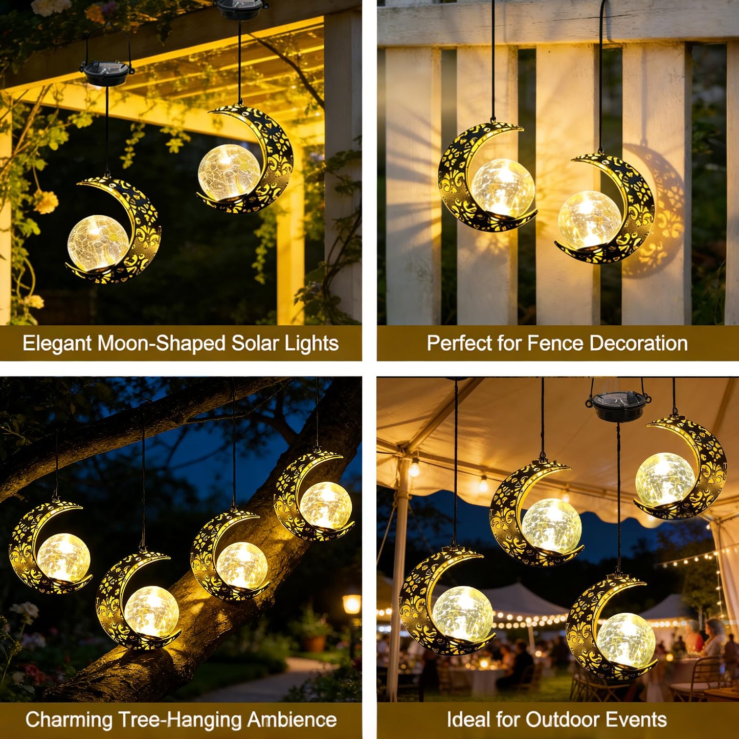 Amugmilk Solar Lanterns Outdoor Garden Decorations, 4 Pack Hanging Solar Moon Lights with Cracked Glass Globes Decor for Backyard Balcony Patio Fence Tree ,Unique Mother's Day Gifts for Women Mom