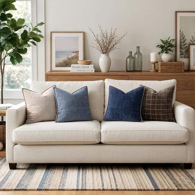 MIULEE Pack of 2 Couch Throw Pillow Covers 18x18 Inch Navy Farmhouse Decorative Pillow Covers with Stitched Edge Soft Chenille Solid Dyed Pillow Covers for Sofa Bed Living Room