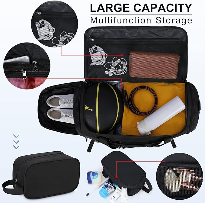Gym Duffle Bag for Women Men 40L Waterproof Sports Travel Duffel Bags with Shoe Compartment,Wet Pocket Large Weekender Overnight with Toiletry Bag,Black