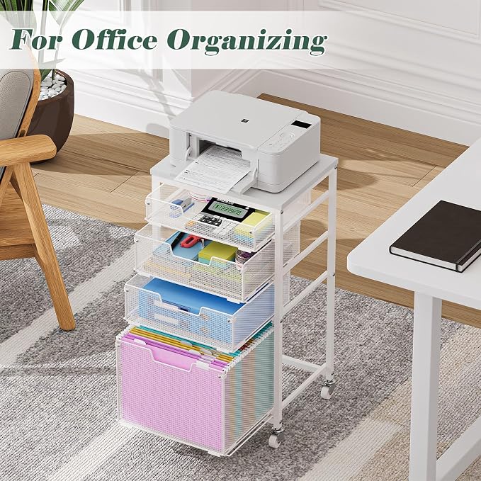 Sbanmao 4 Drawer Rolling File Cart with Wheels, Mobile Filing Cabinet for Home Office, Hanging File Organizer, Under Desk Storage, Multifunctional Utility Cart Printer Stand, White