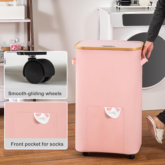Vincona Laundry Basket with Wheels, Tall Dirty Clothes Hamper on Wheels, Rolling Laundry Hamper with lid for Dorm, Bedroom and Bathroom (Pink, 100L)