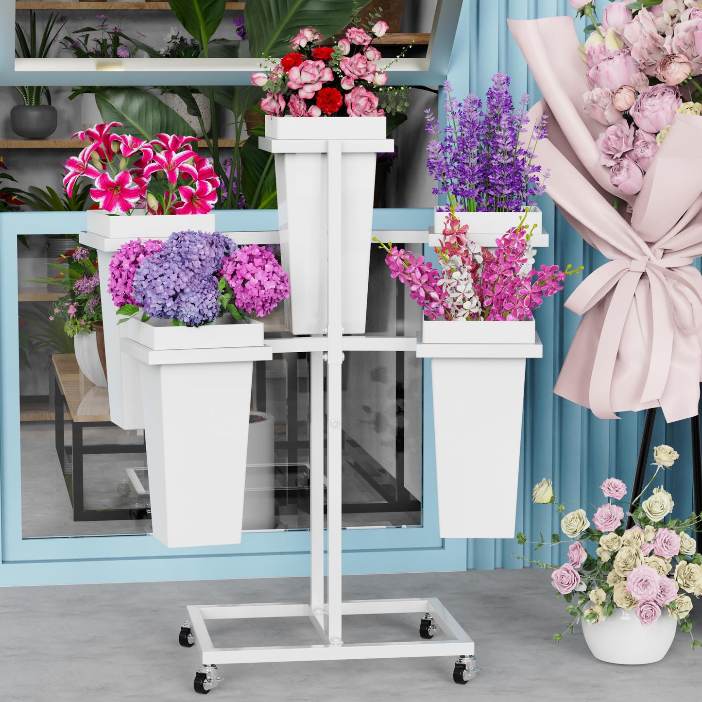 Asee'm Flower Display Stand with 5 Square Buckets Multi-tiered Metal White Flower Cart Stand with Wheels Moving Plant Stand Bar Shelf Flower Holder for Indoor Outdoor Patio Garden Florist Wedding