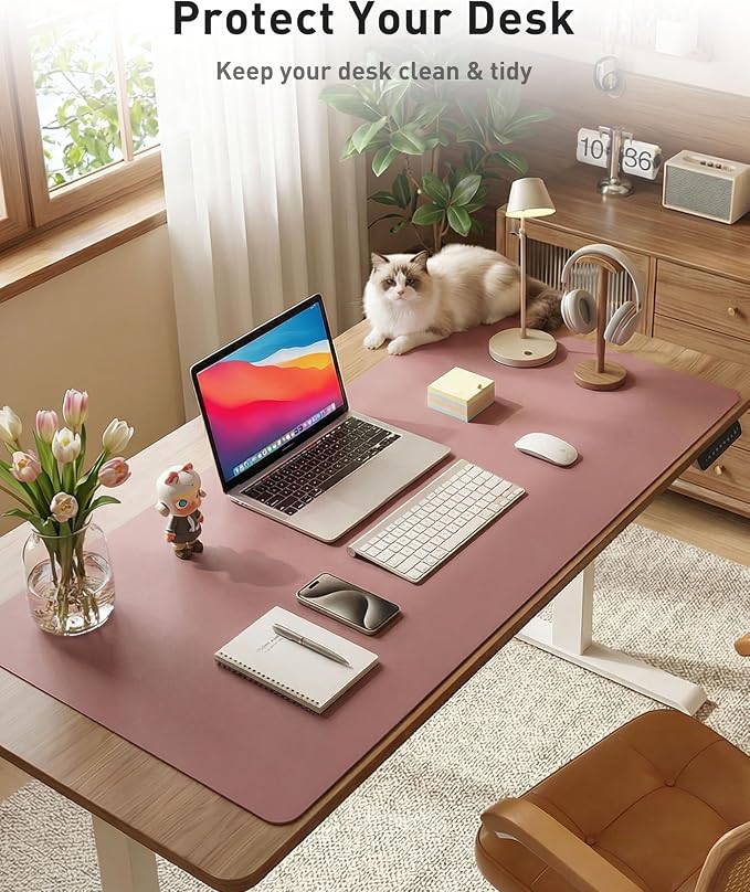 Aothia Faux Leather Desk Mat - Large Mouse Pad, Non-Slip PU Leather Blotter, Waterproof Writing Surface for Office and Home (Dark Pink, 40" x 24")