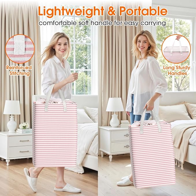 3 Pack Large Laundry Basket,Waterproof & Freestanding Laundry Hamper,Collapsible Clothes Hampers with Easy Carry Long & Reinforced Handles in Bathroom,College Dorm(88Lx3,Pink)