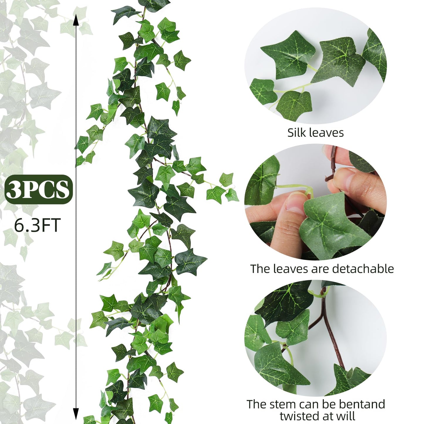 RECUTMS 3 Strands Artificial Ivy Vines 6.3Ft Green Ivy Garland Faux Hanging Plants Greenery Decoration Artificial Vines for Spring Home Decor Indoor Home Wall Wedding Room Easter Decor(Green)