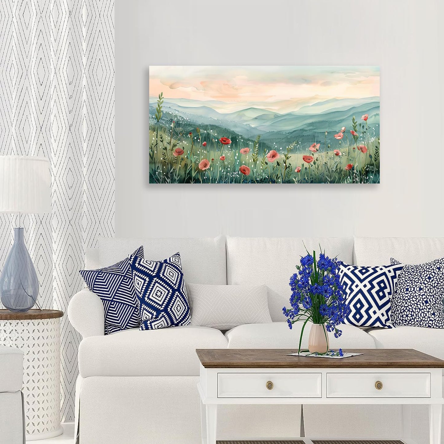 Tucai Decor Floral Landscape Canvas Wall Art 20 x 40 inches Poppies in Mountain Valley Home Decor Art Prints for Living Room Bedroom Office Ready to Hang