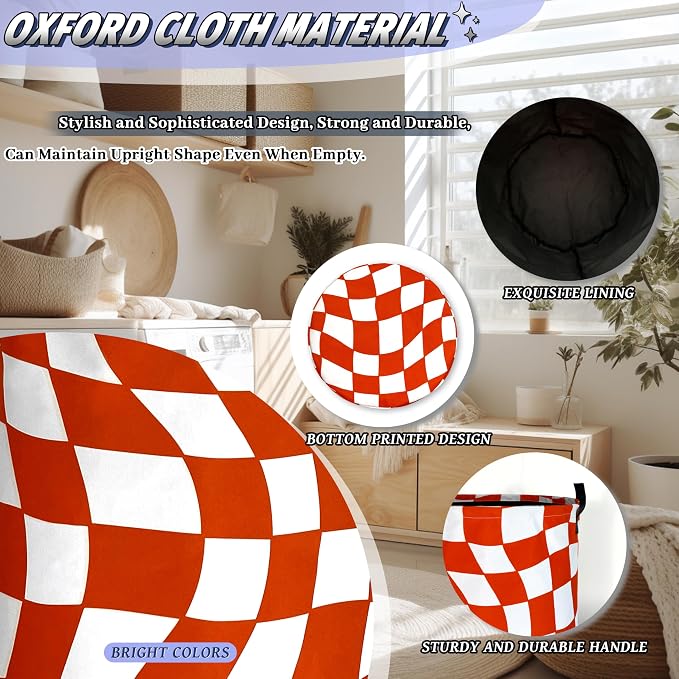 Orange Checkerboard Laundry Hamper Foldable Oxford Cloth Colorful Plaid Laundry Basket With Handle Portable Clothes Storage Organizer Basket 18.9"x16.5" Storage Bag For Laundry Room/Bathroom/Bedroom