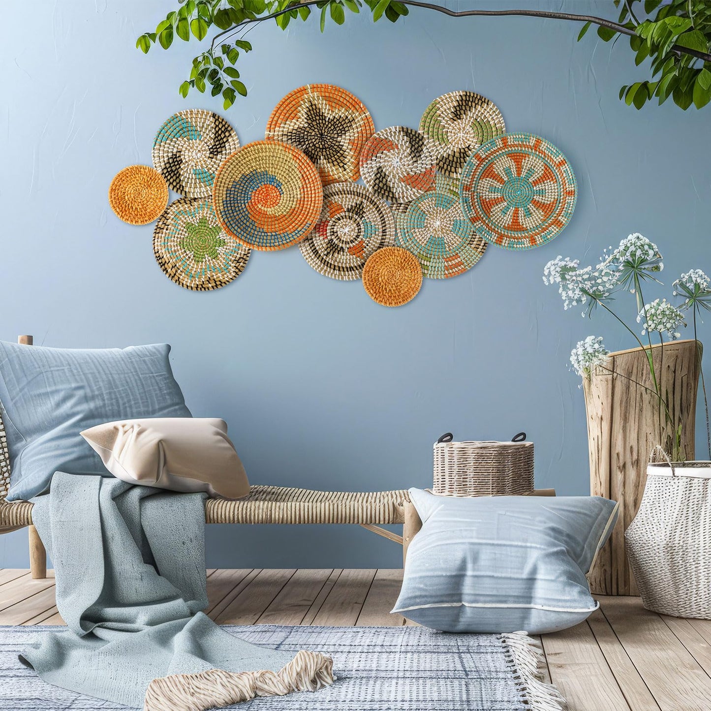 Tatuo 11 Pcs Boho Wall Basket Decor Bulrush Woven Wall Hanging Art Round Farmhouse Rustic Handmade Wicker for Summer Home, Bedroom, Living Room, Kitchen Decorations, Multi Sizes(Farmhouse)