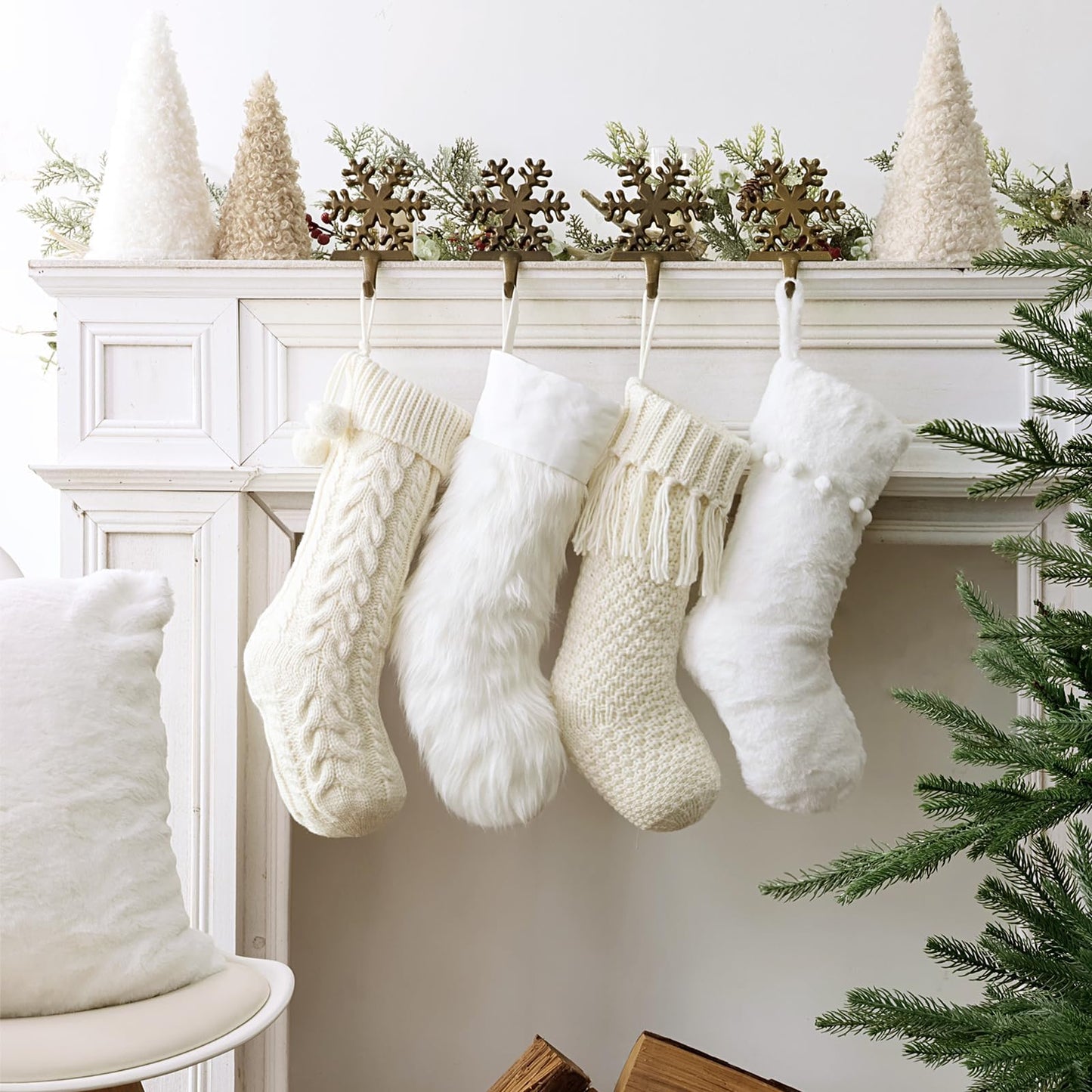 Personalized Christmas Stockings: 4 Pcs 18 Inch White Farmhouse Plush Faux Fur & Cable Knitted Fireplace Xmas Stockings, Rustic Personalized Stocking Hanging Gifts Decorations for Family Holiday Decor