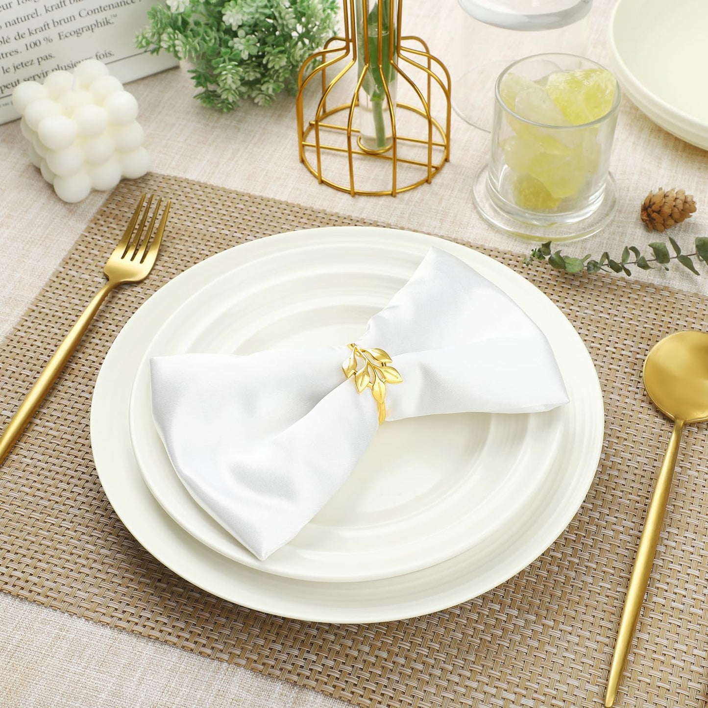 MONKKINO Napkin Rings Set of 12, Shiny Gold Napkin Rings, Smooth, Easy Care, Solid Zinc Alloy Leaf Shaped Elegant Table Decor, Stylish Napkin Ring Bulk for Holidays Wedding, Party, New Homes Gift
