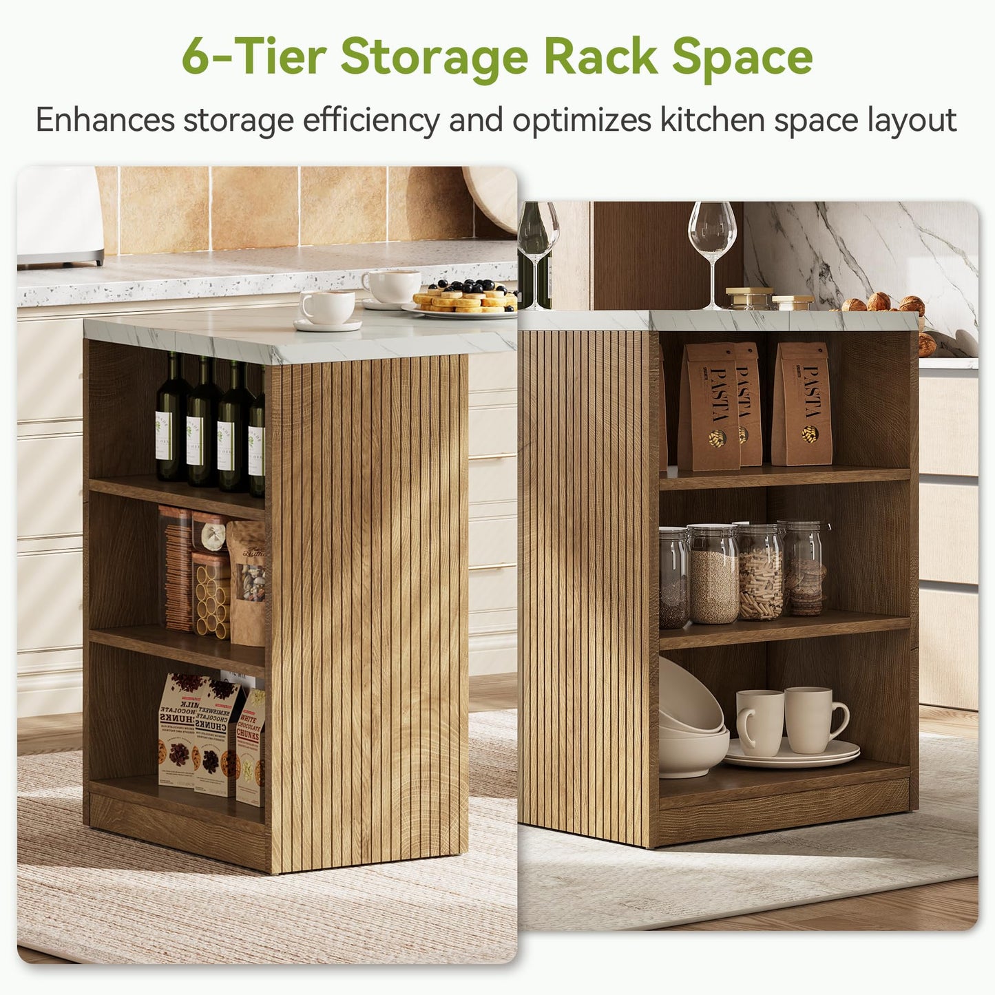 LITTLE TREE 62.99” Kitchen Island with Storage, 6-Tier Modern Kitchen Island Table with a Faux Marble Tabletop, Large Coffee Bar Table Storage Cabinet for Dining Room, White&Brown