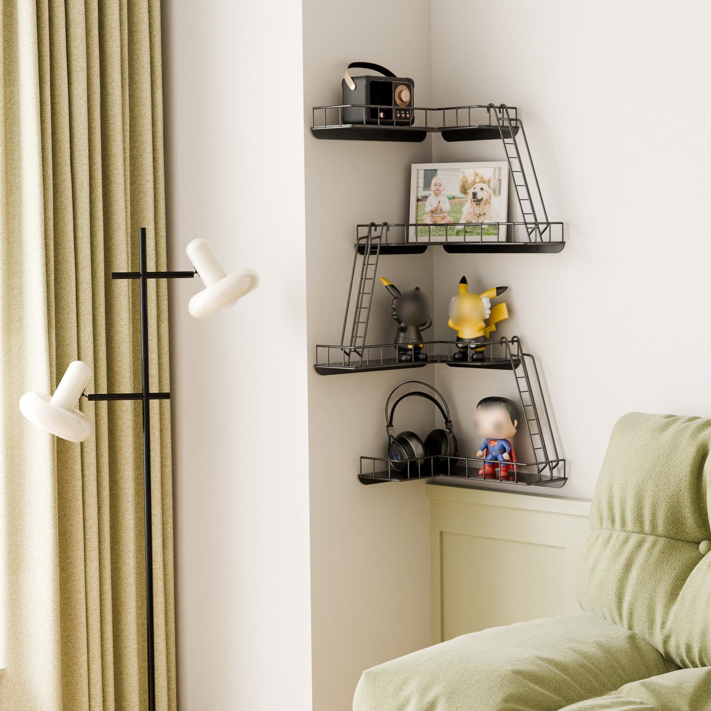 WOPITMER Fire Escape Wall Shelf - Modern City Style 4-Tier Corner Wall Shelves, Easy to Install Metal Ladder Shelf for Figures, New York Decorative Shelves for Bathroom, Living Room & Home Decor,Black