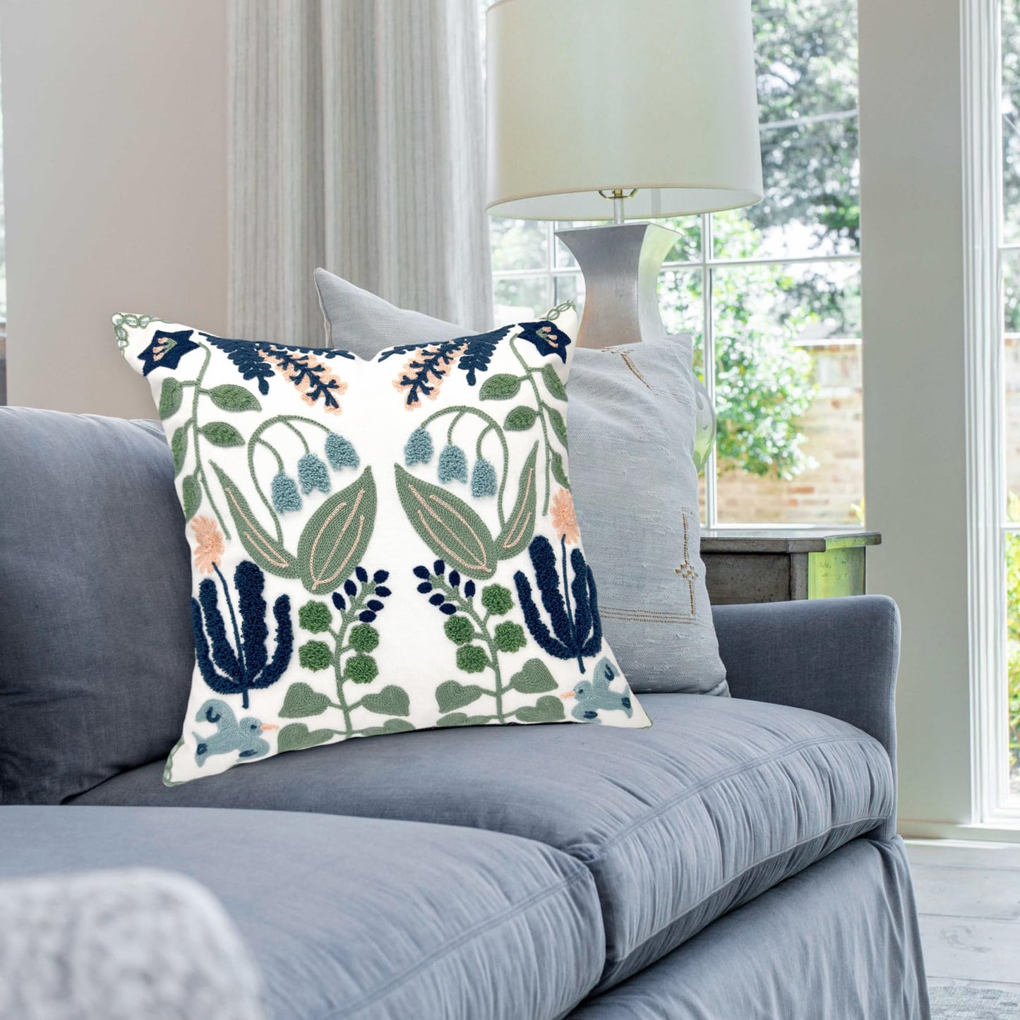 Alysheer Spring Floral Embroidered Decorative Throw Pillow Covers 18"x 18" Set of 2, Farmhouse Navy Blue Flowers Green Leaves Tufted Patterned Cotton Cushion Cases for Couch Bed Living Room Decor