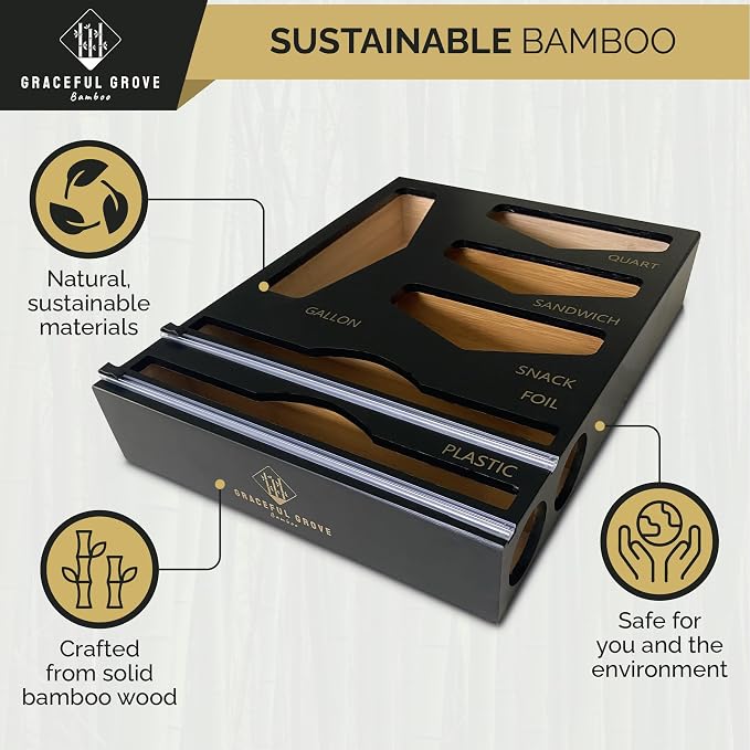 6-in-1 Bamboo Food Storage Bag Organizer for Drawer – Bag Organizer with Foil & Plastic Wrap Dispenser, Built-In Cutter, Holds Gallon Quart Sandwich Snack Bags, Black