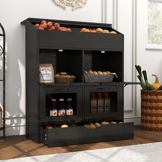 Verano Garden Large Potato Storage Bin, Wooden Bread Box with Lid, Potato and Onion Storage Bin with 4 Mesh Doors & Removable Drawer, Fruit and Vegetable Storage Rack for Pantry Kitchen (Black, 31.5")