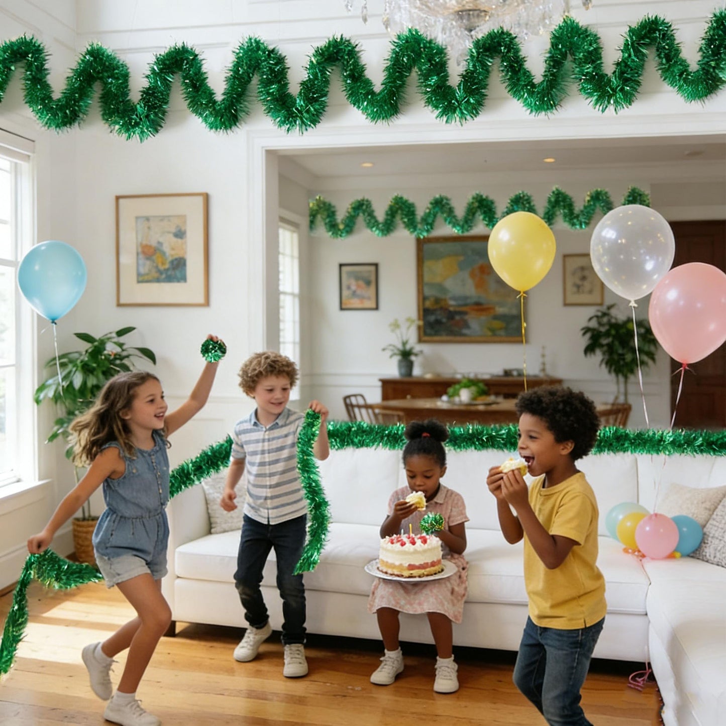 Yocknoce Green Tinsel Garland, 33 Ft Christmas Tree Decoration, St. Patrick’s Day Party Supplies, Green Theme, Jungle Safari Birthday Backdrop, Festive Indoor Decor