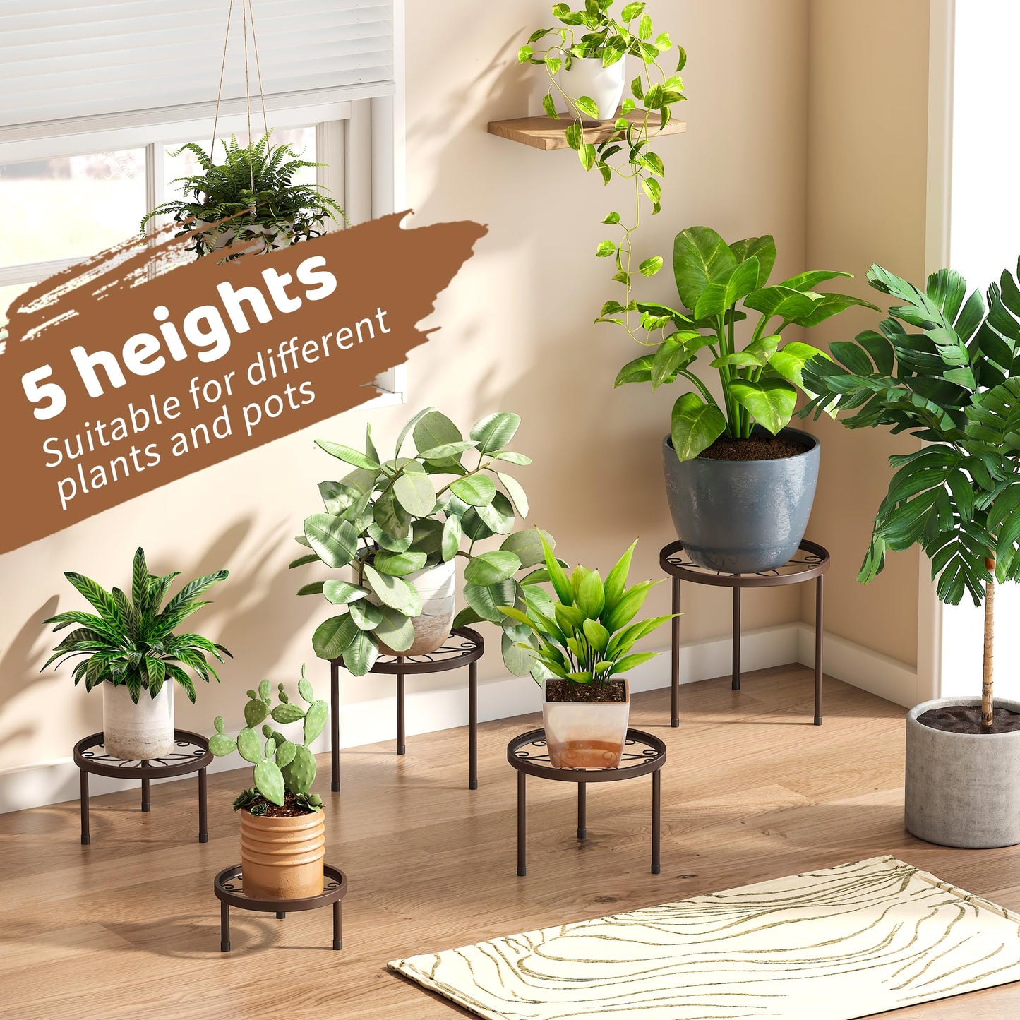Plant Stand Indoor Outdoor 5 Pack Heavy Duty Metal Stand Multiple Plants, Anti-Rust Iron Flower Pot Stand Decoration Racks Plant Pot Shelf for Living Room Garden Balcony (Brown)