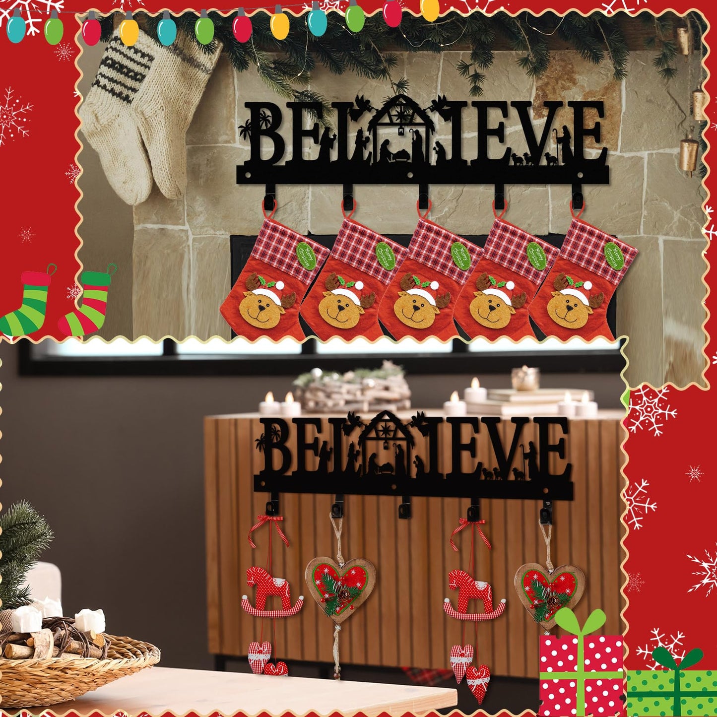 Cinnvoice Nativity Christmas Stocking Holder for Wall with 5 Hangers Metal Christmas Stocking Wall Hanger Mantel Rack Hanging Mount Hook for Holiday Xmas Fireplace Decoration, Black(Believe)