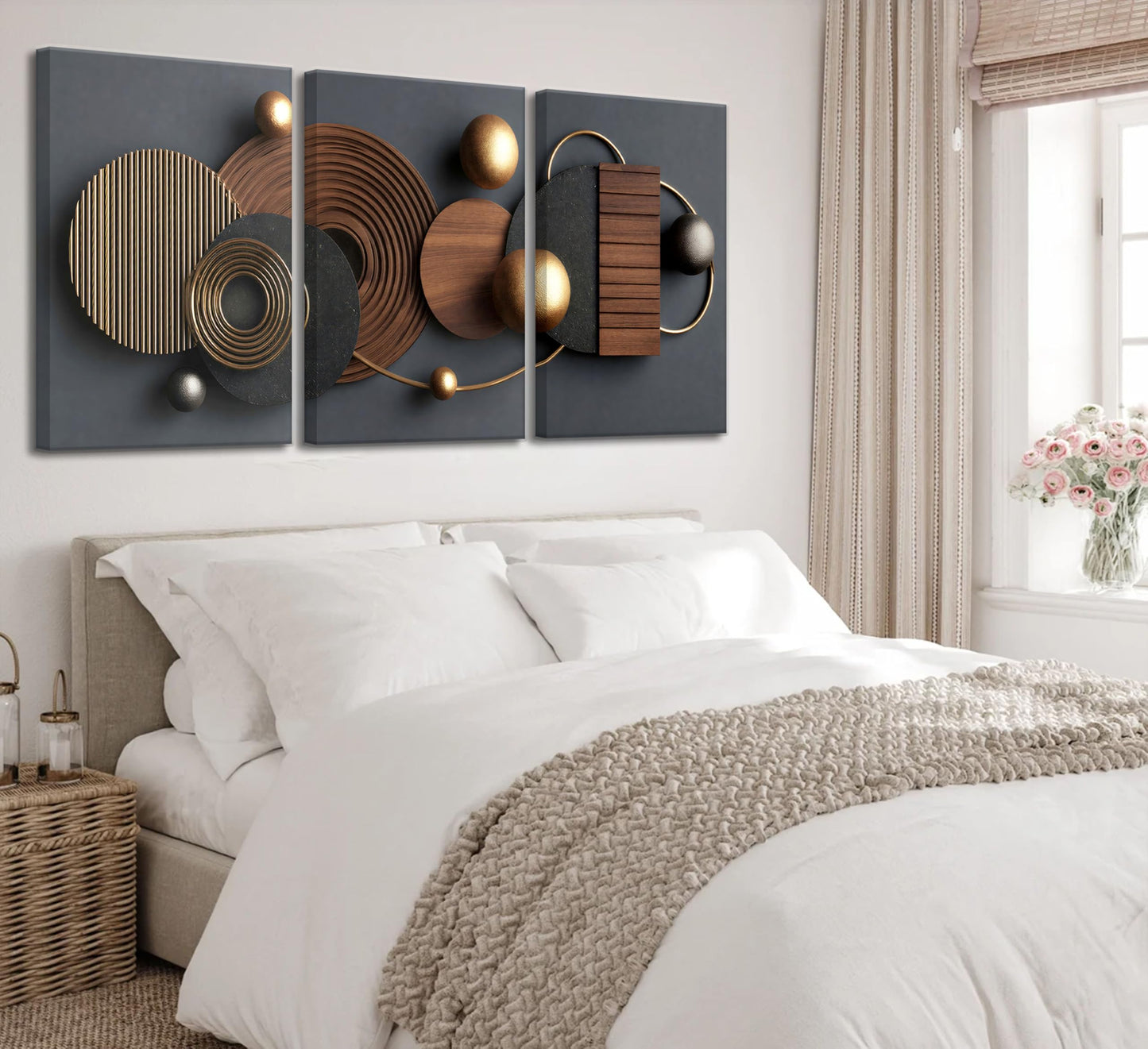 3D Textured 3Pcs Abstract Black Gold Geometric Boho Canvas Wall Art Mid Century Modern Minimalist Aesthetic Luxury Metal Artwork Pictures Wall Decor Posters Prints for Living room Office Home Decoration
