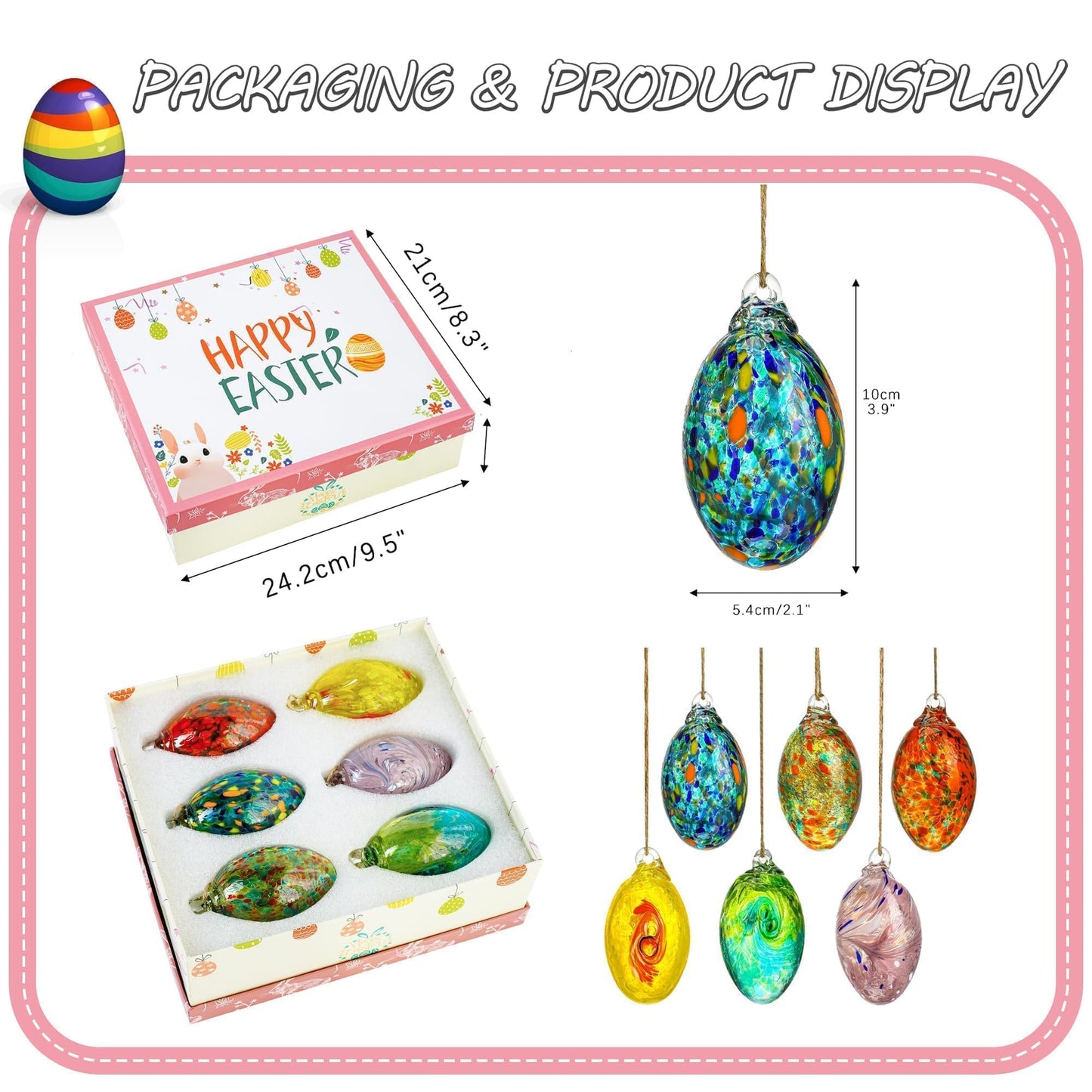 6PCS Blown Glass Balls Ornaments 3.9'' Hanging Crystal Decorative Eggs for DIY Centerpiece Party Favor Gift Spring Home Wedding Table Decor