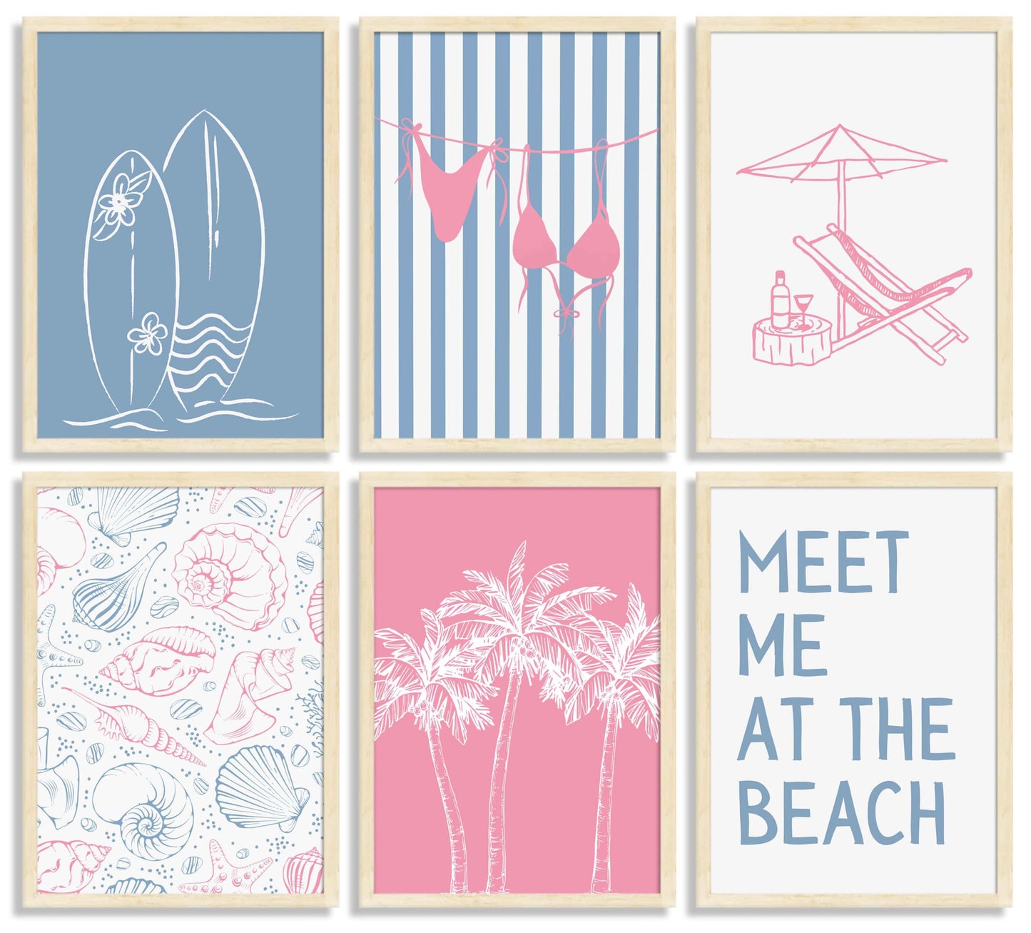 6Pcs Coastal Beach Surfing Wall Art Preppy Bikini Shells Painting Picture Wall Decor Summer Meet Me at the beach Poster Print Artwork for Living Room Bedroom Dining Room Bathroom Home Decoration