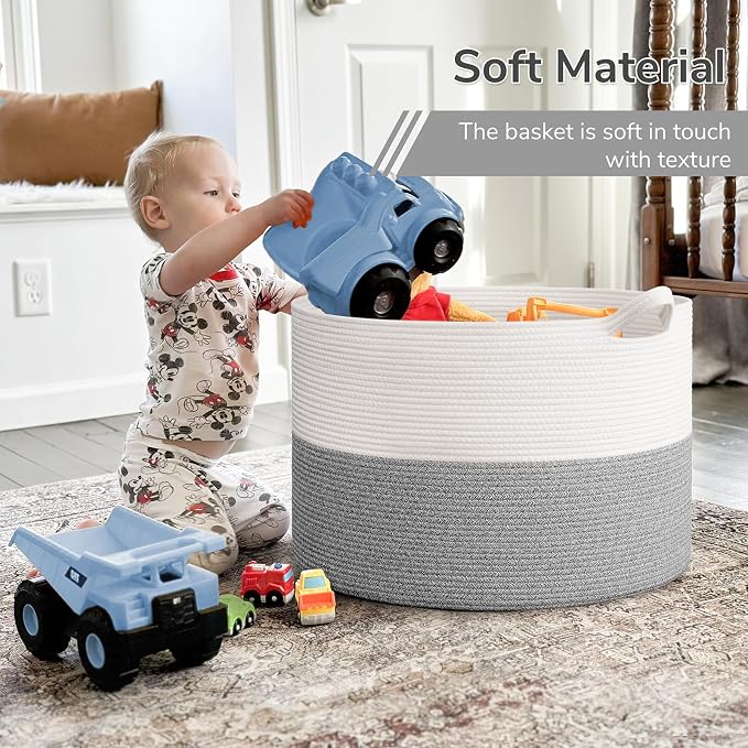 INDRESSME 115L Extra Large Blanket Basket, Soft Cotton Rope Storage Basket for Organizing, Home Decor, Toys, Laundry & Towels, Toy Storage Organizer for Living Room & Nursery, Light Grey