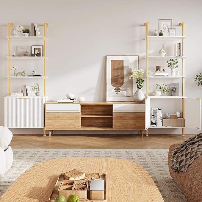 INNOD 74" Tall Bookshelf with Storage Cabinet, Modern Ladder Shelf with Wood and Metal Frame, Wall Mount Bookcase Open Display Shelf Furniture for Living Room, Bedroom, Home Office, Gold