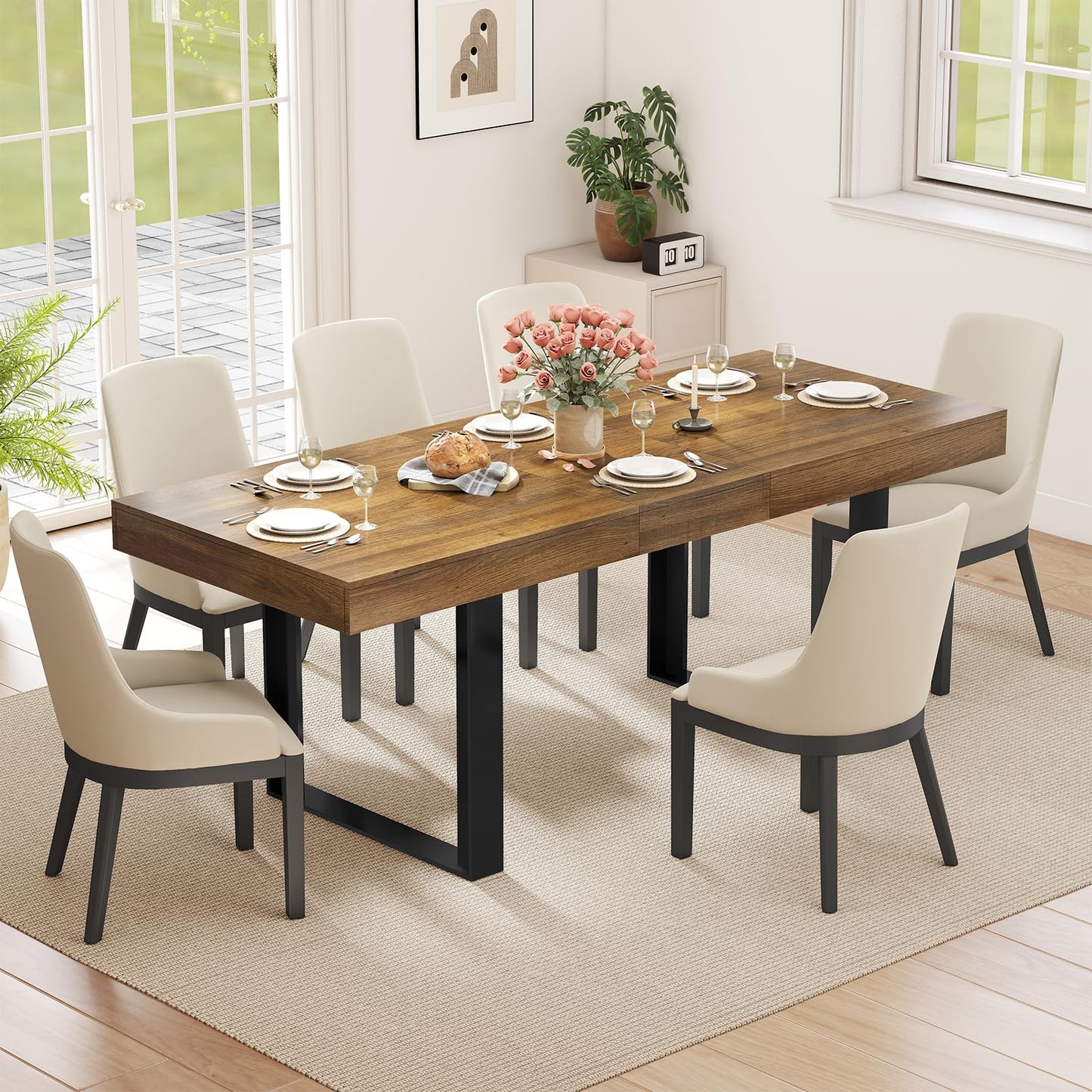 Zevemomo 63"-78.7" Expandable Dining Table, 6-10 Farmhouse Kitchen Table, Extendable Dining Table, Rectangular Kitchen Table with Metal Track, Tapered U-Shaped Legs for Dining Room, Office-Brown
