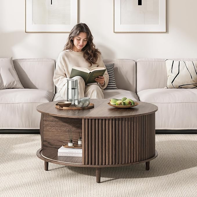 JOINICE,Round Coffee Table with Storage, 31.5" Fluted Center Table for Living Room, Modern Walnut Wood Circle Drum Table with Sliding Cabinet Door, Mid Century Furniture for Small Space