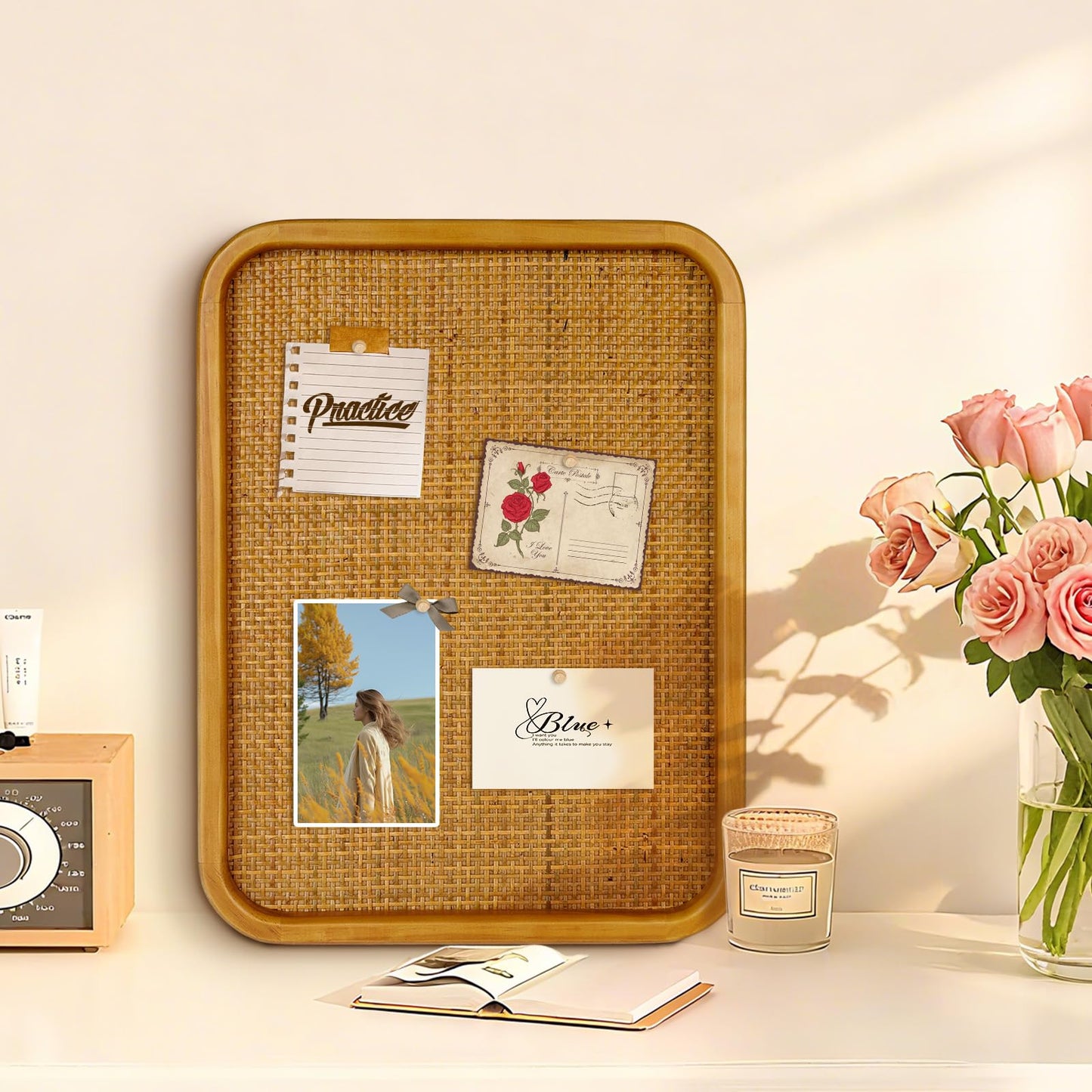 Umtiti 13" x 17" Bulletin Board, Round-Edged Rectangle Cork Board，Wooden Frame with Boho Style Rattan Wall Organizer,3343Teng