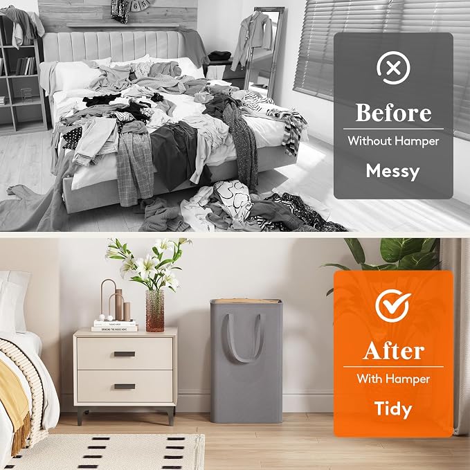 Lifewit Slim Laundry Hamper, Narrow Small Laundry Basket with Handle for Dirty Clothes, Collapsible Tall Thin Laundry Bin for Bathroom Bedroom Dorm College, 50L, Grey