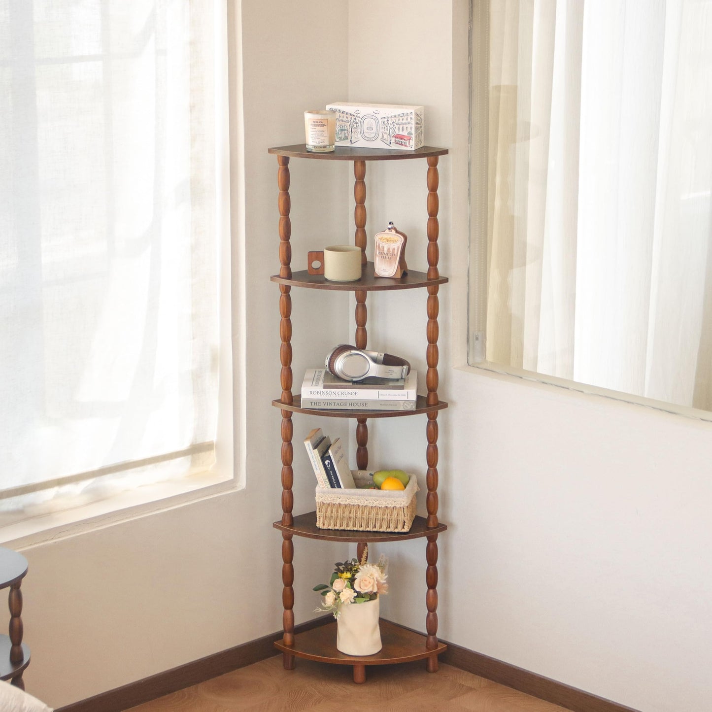 MaxSmeo Corner Shelf, 5-Tier Corner Bookshelf for Small Spaces, Stylish Corner Storage Display Shelves for Bedroom, Bathroom, Kitchen, Living Room (Rustic Brown)