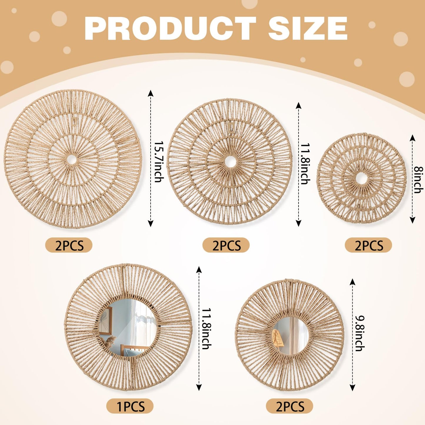 Yerliker 9 Pack Wicker Jute Wall Decor Baskets - Wicker Woven Jute Wall Mirrors Baskets Decorative Boho Hanging Woven Basket, Rustic Round Mirrors Natural Home Decor Set for Bedroom Living Room