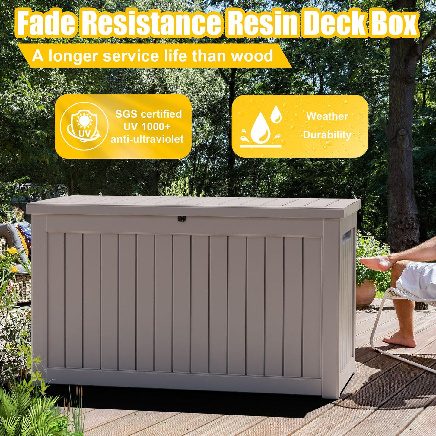 ROJIK Outdoor Storage Housing Deck Box - Waterproof Patio Furniture, Garden Tools, Cushions, Pool Accessories Storage Bench with Lockable Lid and Side Handles (Grey, 275 Gal)