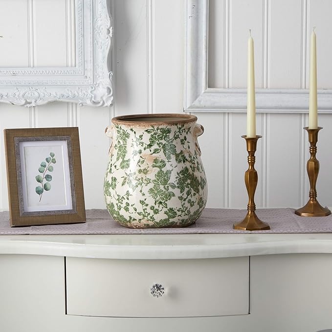 Nearly Natural 10in Ceramic Decorative Vase, Tuscan Style Green Scroll Design for Indoor Home Shelf Table Decor