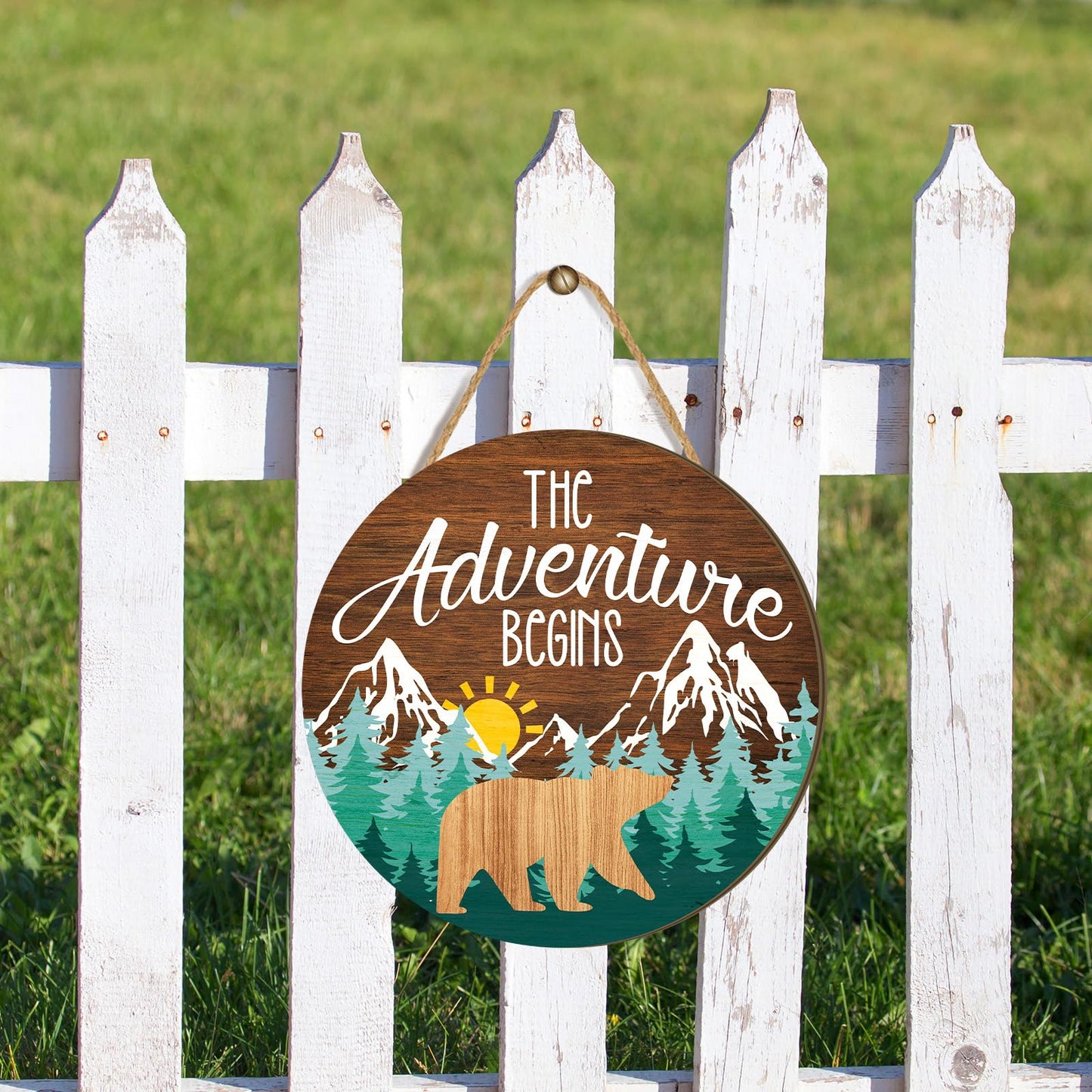 Chunful The Adventure Begins Wooden Hanging Sign, 12 x 12'' Woodland Nursery Decor, Green Trees Brown Background Inspirational Quotes Wooden Plank Sign for Home Cabin, Forest Camping Sign