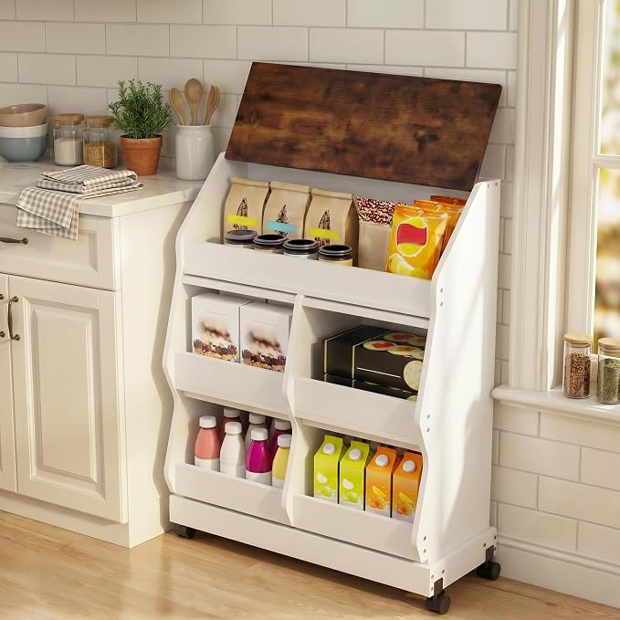 ARTETHYS Potato and Onion Storage Bin with Wheels, 3 Tier Bread Container with Lid, Ventilated Vegetable Organization Cabinet for Kitchen