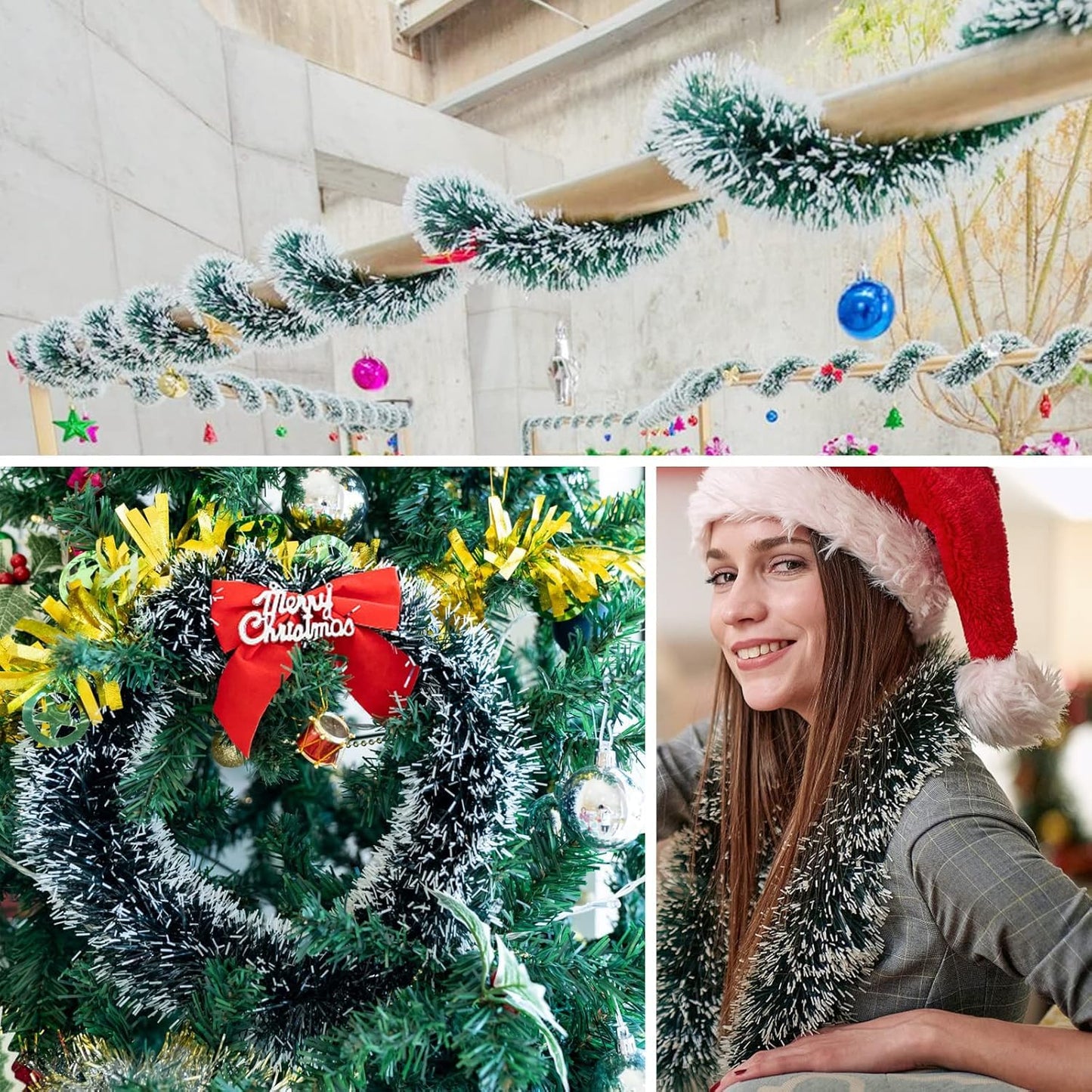 32.8 Ft Christmas Tinsel Garland, Dark Green Garland-Thick White Snow Metallic Garland for Christmas Tree, Wedding Birthday Xmas Disco Holiday Party