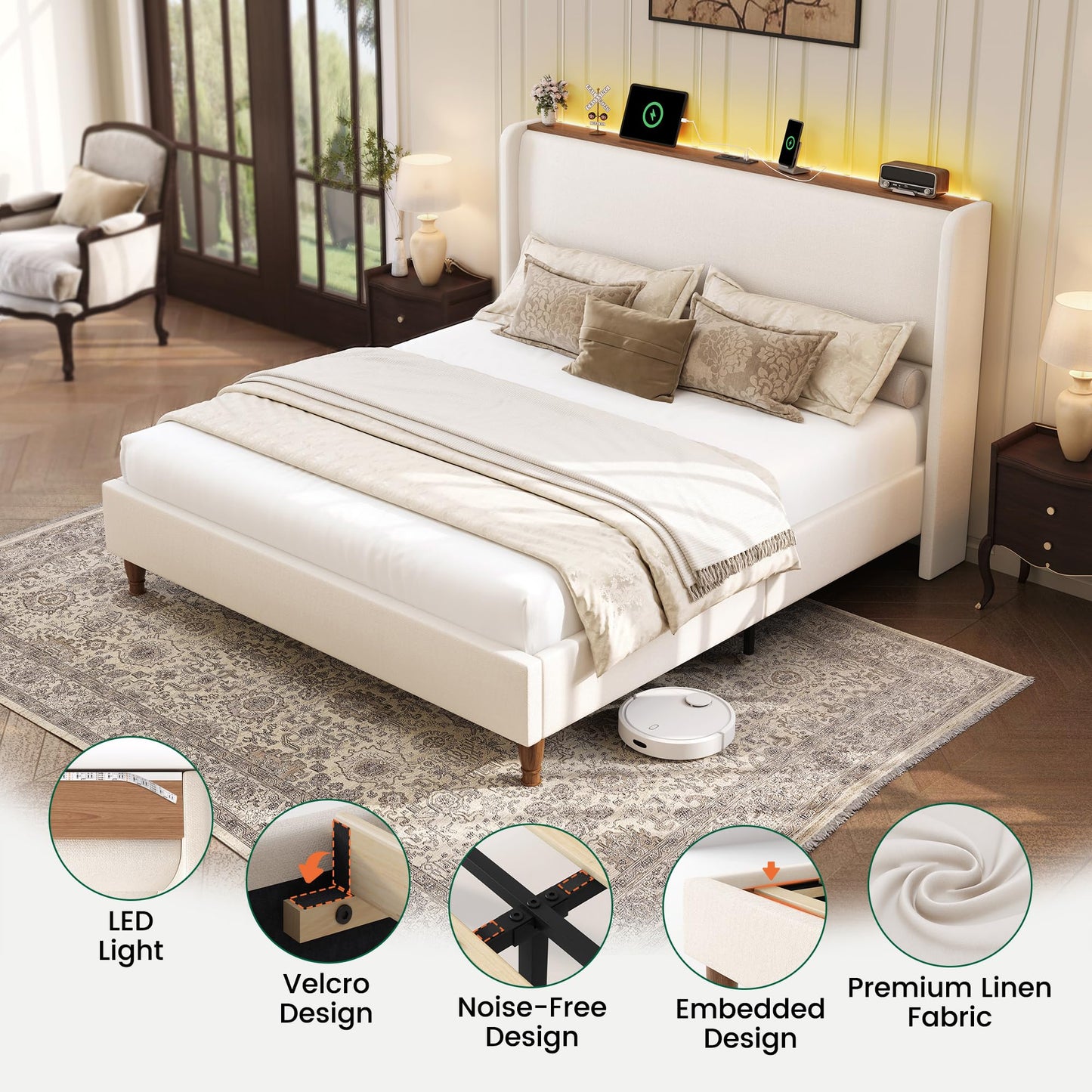 LARMACE Queen Size Bed Frame with LED Lights and Charging Station Linen Upholstered Platform Bed Frame with 51.2" Tall Headboard Wingback and Storage Shelf, No Box Spring Needed, Noise Free, Beige
