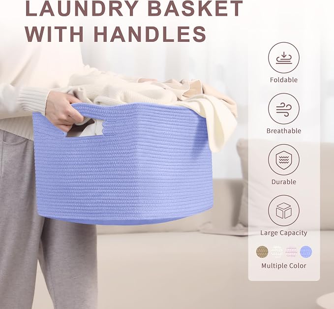 45L Small Baby Girls Laundry Basket for Nursery Storage,Cute Woven cotton Rope Baskets for Kids Toy，Gifts, Boho Square Wicker Blanket hamper for Living Room,Bedroom Dirty Clothes,Blue Purple