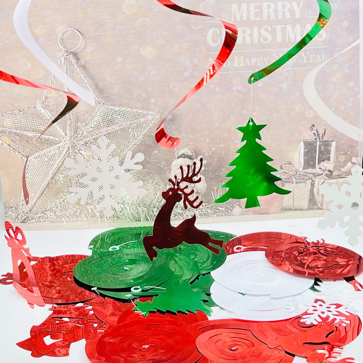 Christmas Party Decorations Foil Hanging Ceiling Swirls (30Pcs Fully-Assembled) Christmas Reindeer Bell Christmas Tree Snowflake Swirls for Porch Home House Bar, Xmas Holiday Supplies Decorations