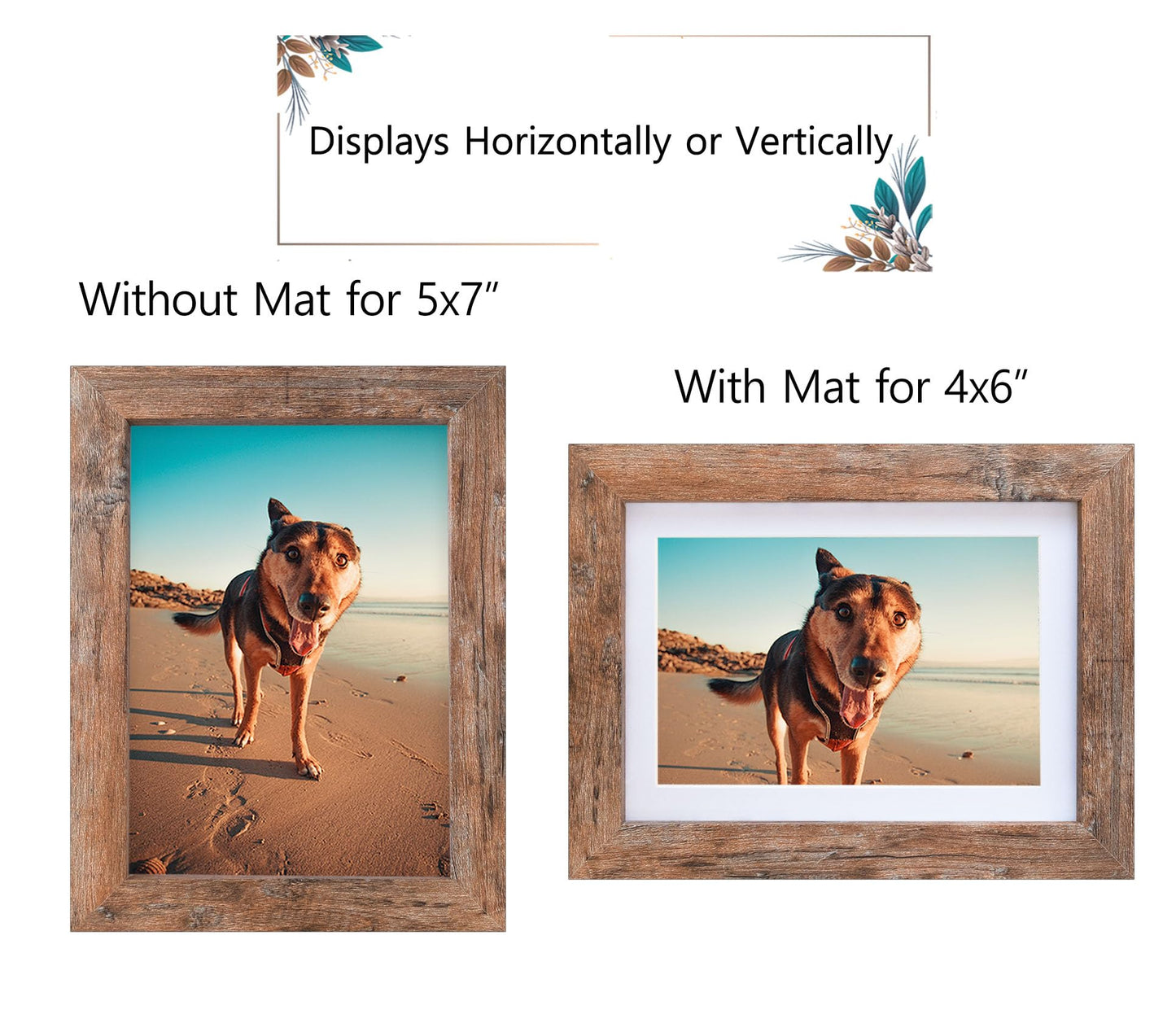 Califortree 5x7 Picture Frame - Can Display Photo 4x6 with Mat, Wood Frame with Shatterproof Plexiglass, Wall & Tabletop Display, Rustic Brown