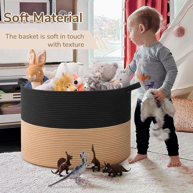 INDRESSME 115L Extra Large Cotton Rope Blanket Basket for Nursery, Boho Decor Baby Laundry Baskets for Kids Toy Organizer Storage Bin for Dirty Clothes Pillows Towel, Black & Camel