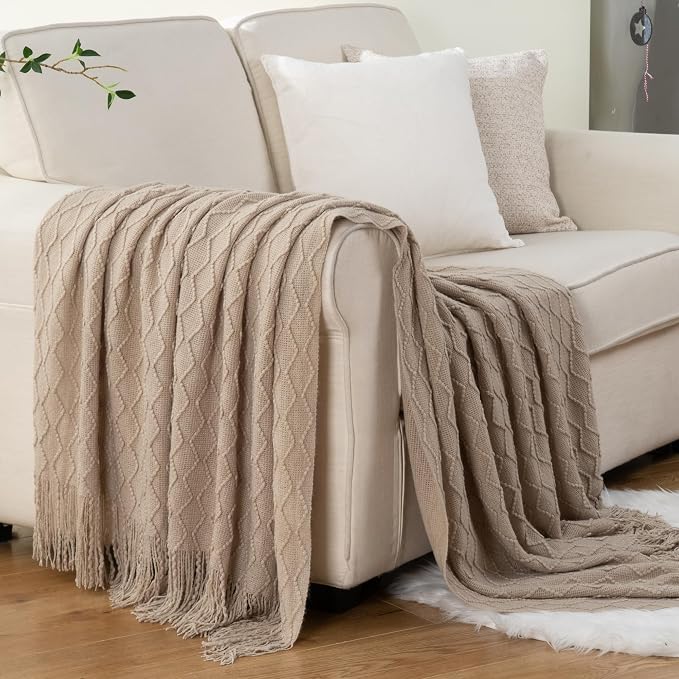 BATTILO HOME Khaki Throw Blankets for Couch, Taupe Lightweight Decorative Blankets and Throws, Boho Warm Knit Blanket for Men and Women, 50"x60"