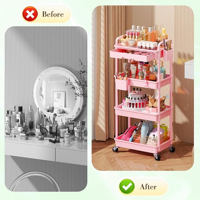SUNALLY Makeup Cart Organizer with Drawers, 4 Tier Floor Skincare Organizers for Vanity, Rolling Makeup Bathroom Storage Cart Cosmetics Display Cases for Skin Care Perfume Nail Polish, Pink