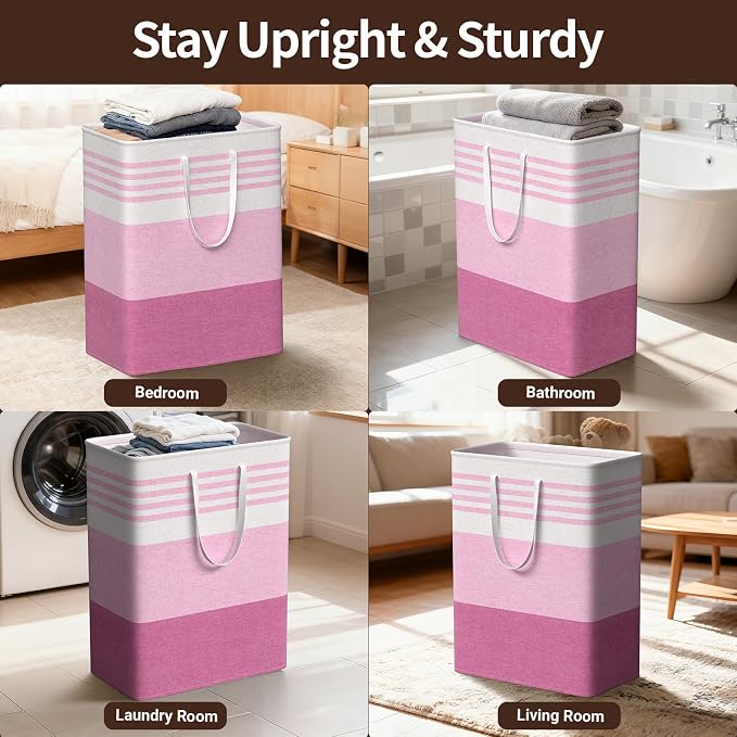 WOWBOX 2 Pack Laundry Baskets, Laundry Hampers, Freestanding Dirty Clothes Hampers with Reinforced Handles & Cross Stitch & Waterproof Coating, for Laundry Bedroom Bathroom Dorm,125L Pink